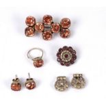 A pink paste suite of jewellery comprising ring, size K, pair ear studs,