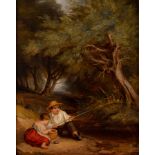 Mid 19th Century English School/Children Fishing in a Woodland Landscape/oil on panel,