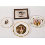 Three portrait painted plates, one a Vienna style dish with a lady, a Worcester plate of Vandyke,
