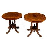 A pair of Victorian inlaid walnut octagonal tables,
