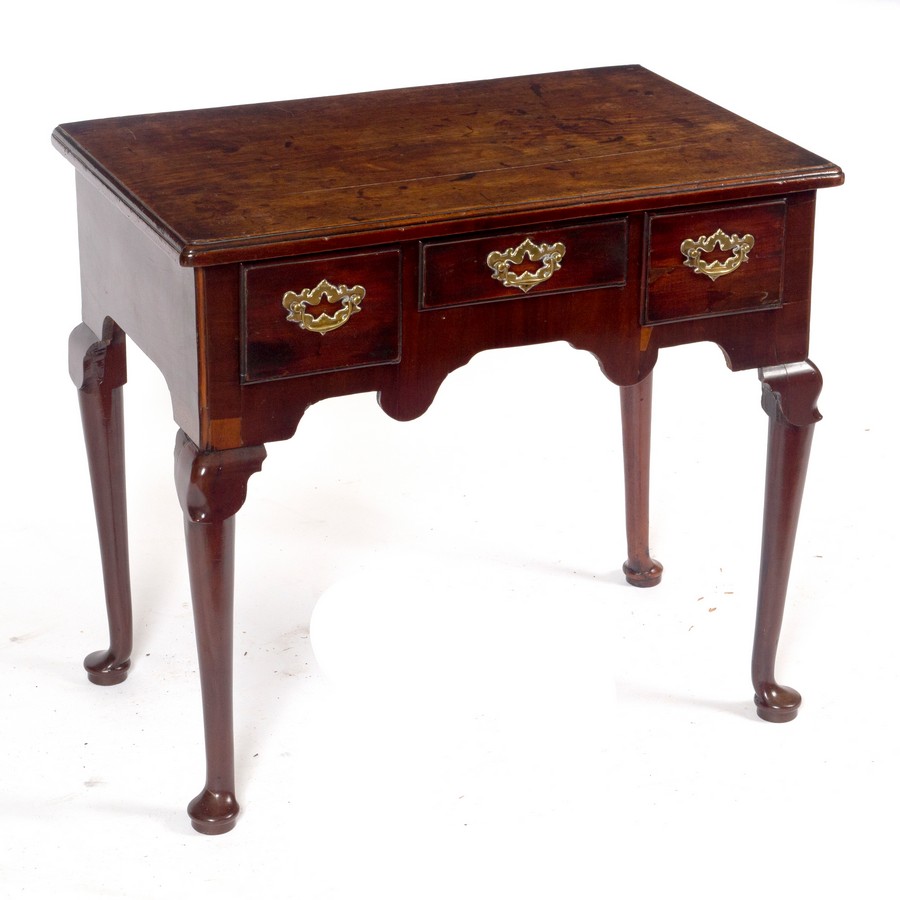 A George II mahogany three-drawer side table, circa 1740, on cabriole legs with pad feet, - Image 2 of 3