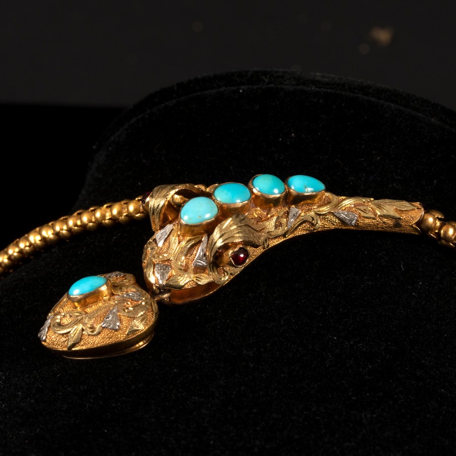A Victorian snake necklace, the head with cabochon turquoise accents, - Image 2 of 4