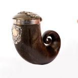 A Scottish ram's horn snuff mull, the cover with white metal thistle decoration,