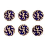 A set of six paste and blue enamel buttons of circular form with scrolling design,
