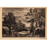VNB/Figures in a Wooded Landscape/initialled and dated 1757/etching, 10.