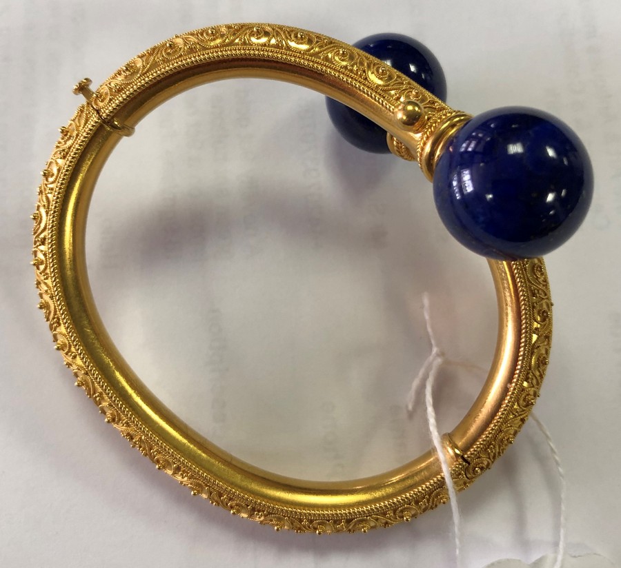 An Archaeological revival gold and lapis lazuli bangle, circa 1870, - Image 5 of 5