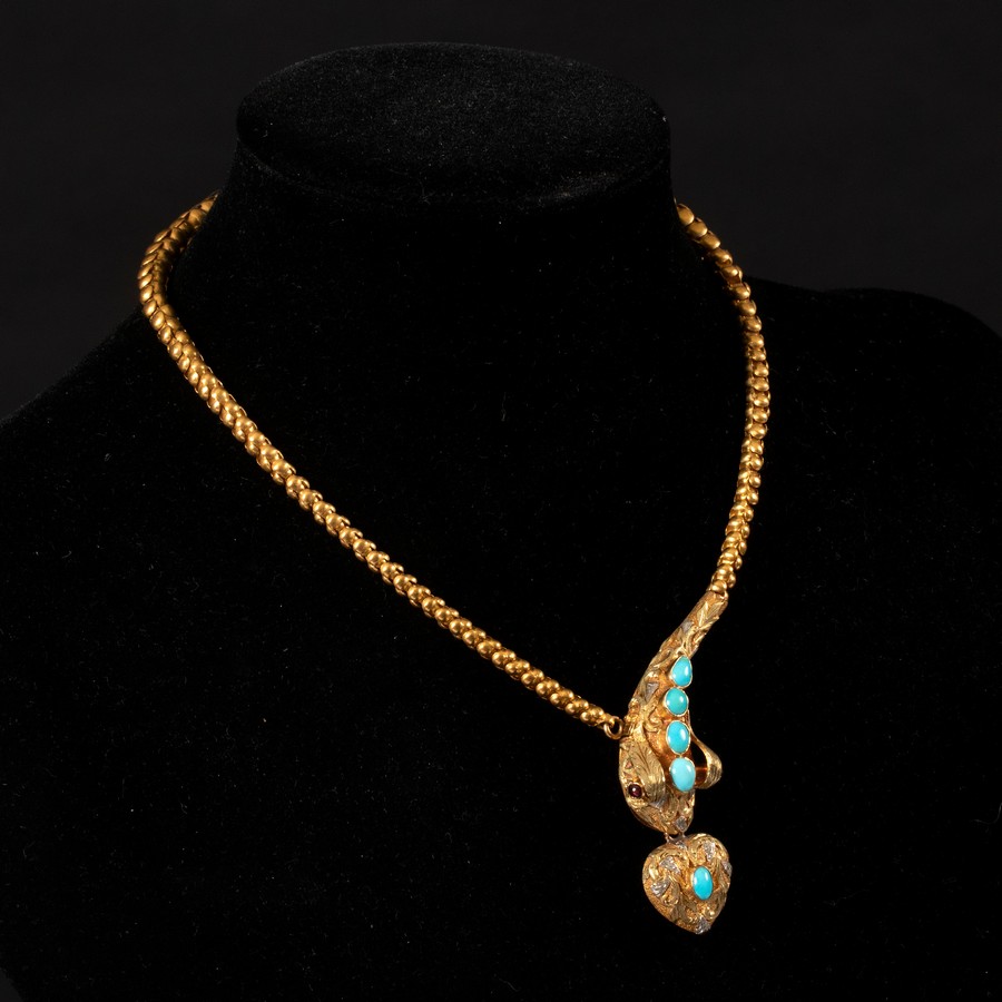 A Victorian snake necklace, the head with cabochon turquoise accents, - Image 4 of 4