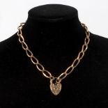 A 9ct gold chain with a heart-shaped padlock clasp, chain 36.5cm long, approximately 36.