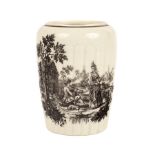 A Worcester ribbed tea canister, circa 1770, printed in black with ice skaters and a piper,