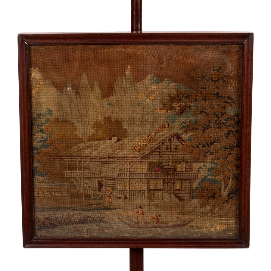 A mahogany pole screen with vase finial, the machine worked panel of a house beside a river, - Image 4 of 4