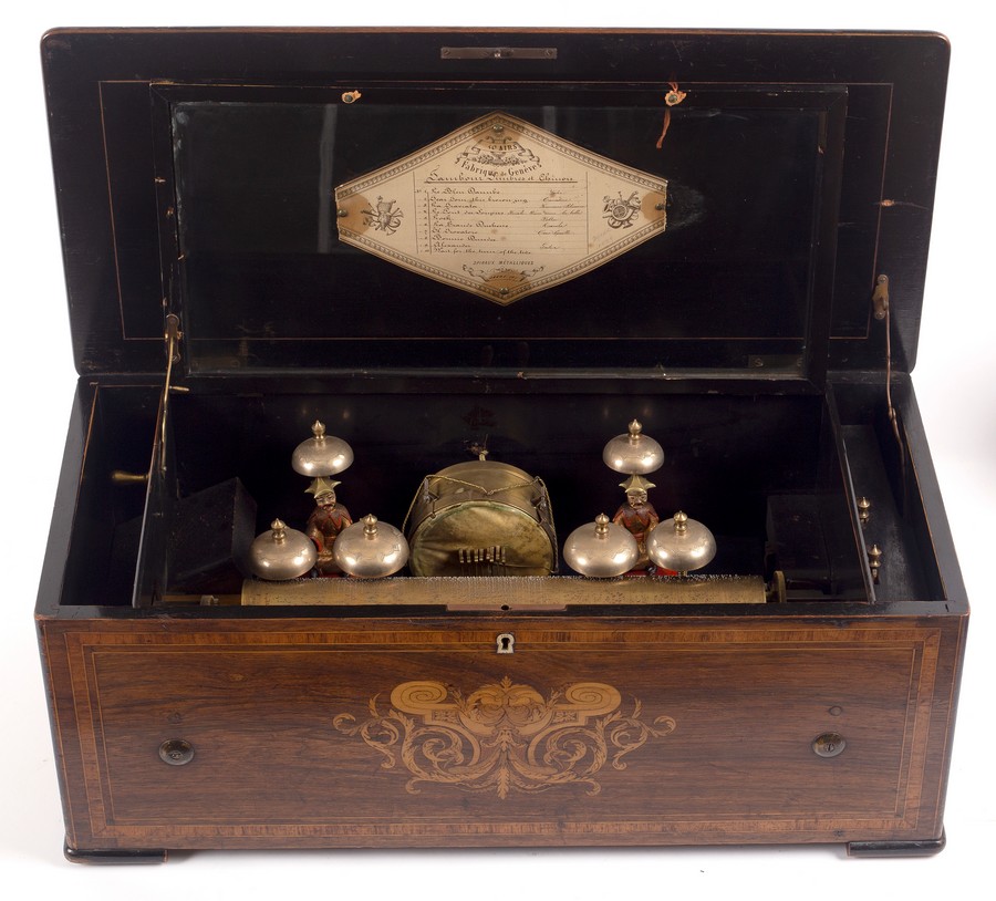 A 19th Century Swiss musical box with drum and four bells, - Bild 3 aus 13