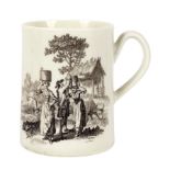 A Worcester tapering cylindrical mug, circa 1770, printed in black in the Milkmaids pattern,