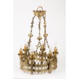 A Victorian Gothic castellated chandelier, the five-lights with spiral supports,