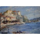 Late 19th Century Italian School/River Landscape/boats and a monastery beyond/oil on board,