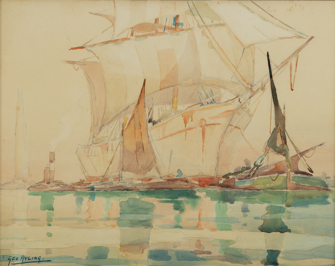 George Ayling (1887-1960)/Stretching Her Canvas/ships at moorings/signed;