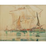 George Ayling (1887-1960)/Stretching Her Canvas/ships at moorings/signed;