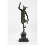 A patinated bronze figure of Mercury, after Giambologna, on a circular plinth,