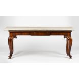 A mid Victorian rosewood marble top console table with plain frieze,