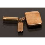 A 9ct gold cigar pricker, inscribed 'Sir R A Morris Bart', a 9ct rose gold vesta case of plain form,