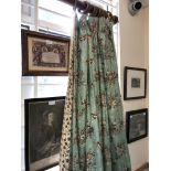 Two pairs of curtains decorated with birds, insects and flowers, lined and interlined,