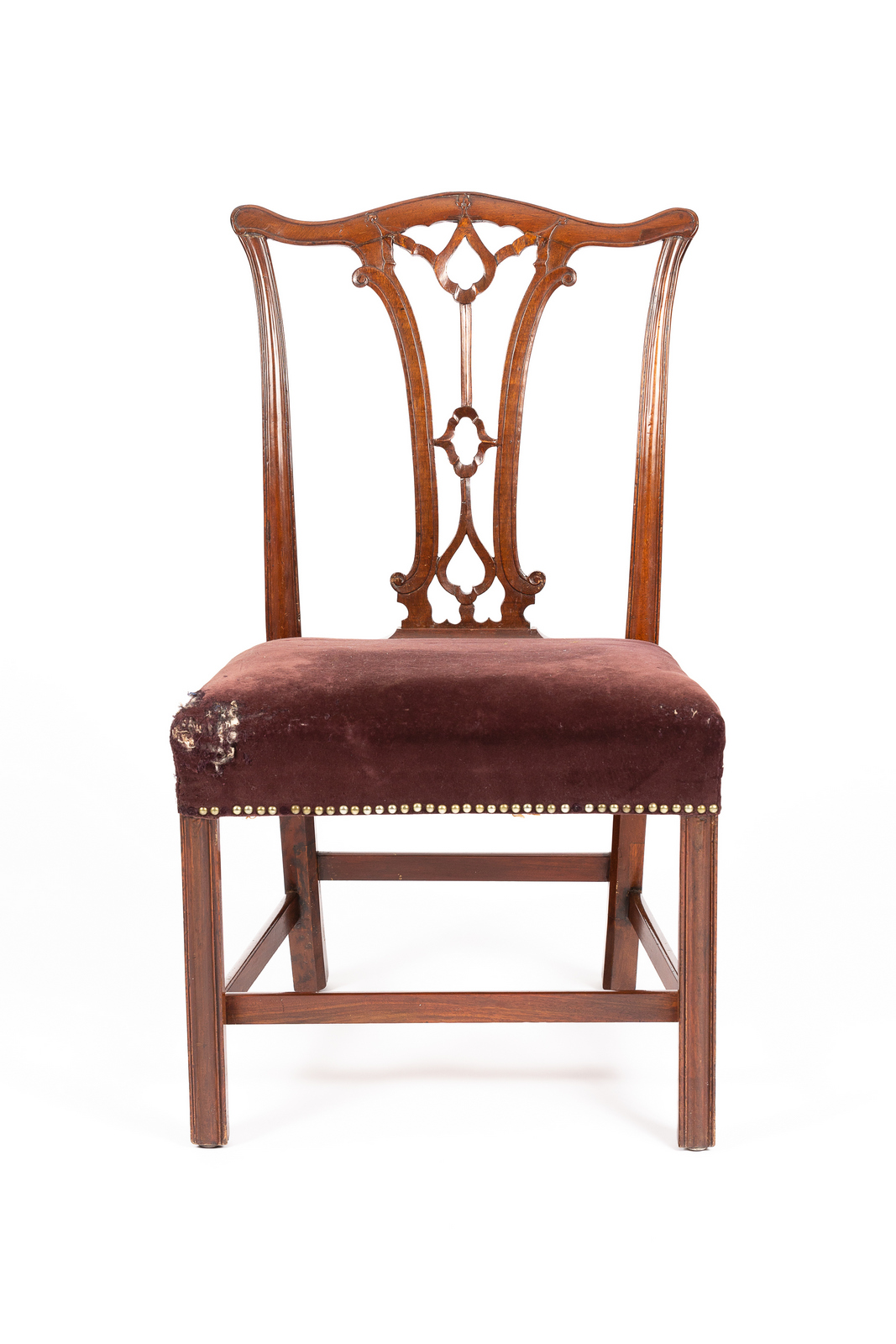 A late 18th Century Chippendale period single chair with pierced upright splat and upholstered seat,