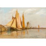 H Broich/Harbour Scene, possibly Warnemuende/oil on board, 25cm x 37.