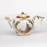A Meissen bullet-shaped teapot, circa 1745, with gilt bird head spout and wishbone handle,