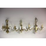 A Dutch brass three-light chandelier with scroll branches,