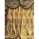 A pair of curtains with drapes and cornice, decorated trailing roses and 17th Century figures,