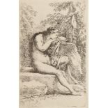 Salvator Rosa (Italian 1615-1673)/A Nude in Contemplation/seated on a rocky ledge/etching,