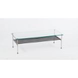 A 1950s style coffee table/metal framed with glass top and undertier,