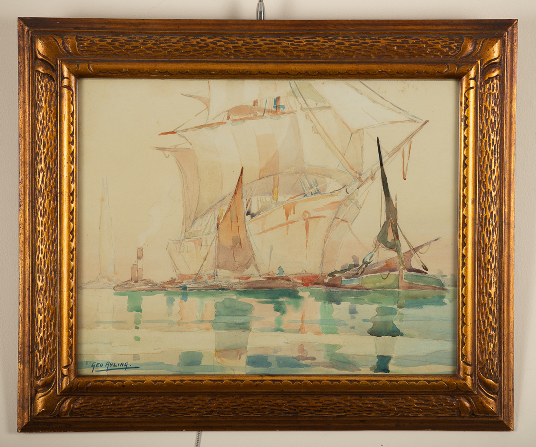 George Ayling (1887-1960)/Stretching Her Canvas/ships at moorings/signed; - Image 2 of 2