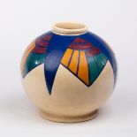 An Art Deco style vase, of globe form in cream glaze with coloured geometric patterns,