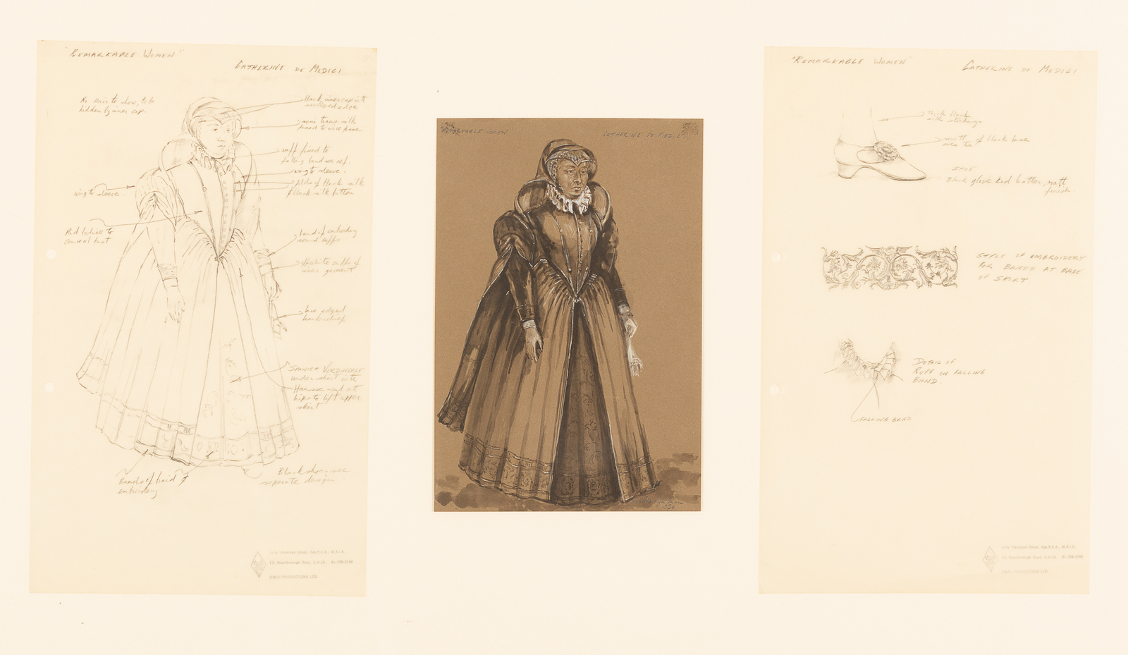 Julia Trevelyan Oman (1930 - 2003)/triple costume design for Catherine de' Medici in 'Vivat,