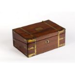 A brass bound work box with fitted interior and drawer to the side,