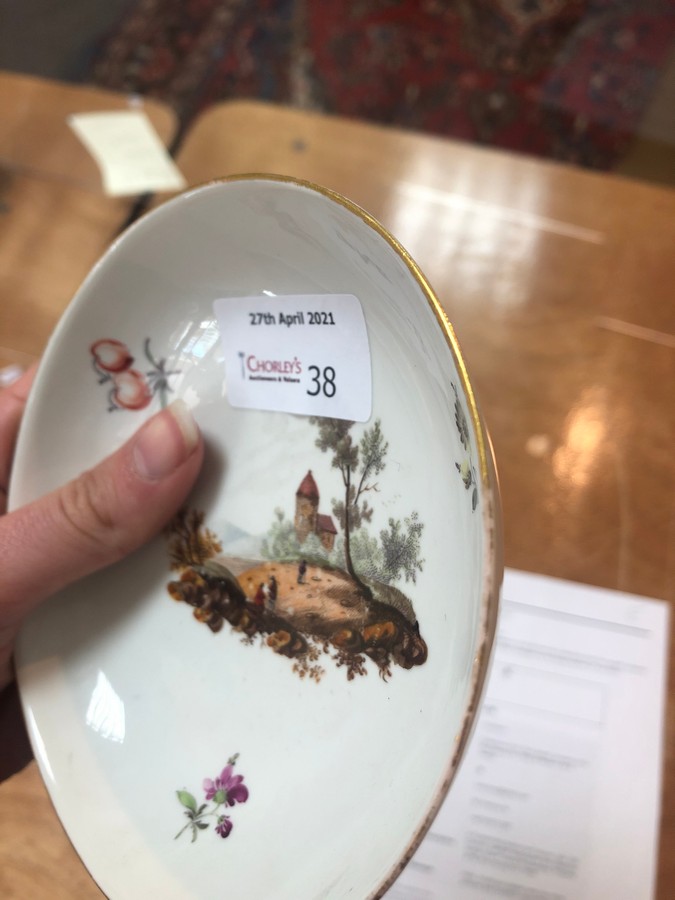 A Furstenberg teacup and saucer, late 18th Century, painted landscapes and scattered sprigs, - Image 6 of 7