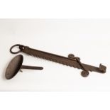 A wrought iron pot hook with ratchet support,