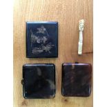 A Japanese mixed metal cigarette case, depicting various gods, signed, 9cm wide,