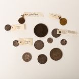 Sundry coins and tokens to include a George III half crown, 1819, a Bristol silver shilling, 1811,