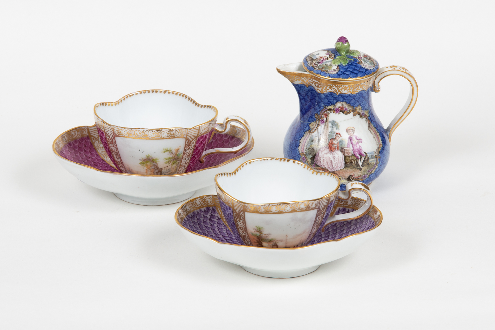 Two Dresden cabinet cups and saucers, circa 1870,