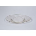 A Lalique oval glass pin dish, moulded and frosted with a leaf pattern,