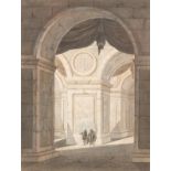 Abraham Rademaker (Dutch 1675-1735)/A Palace Interior with Figures Beneath Arches/signed/pen and