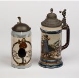 Mettlach/A beer stein decorated a Dutch councilman and barmaid with motto Das ist nur zum Schein