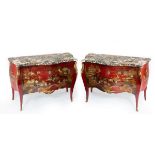 A pair of Louis XV style red lacquered serpentine commodes, circa 1890,