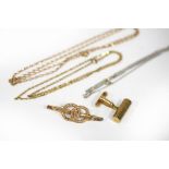 Three 9ct gold chains, a single 9ct gold cufflink and a bar brooch, approximately 18.