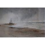 Charles Rutherford/Beached Fishing Boat/on a shore with rough sea beyond/signed and dated