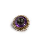 A French amethyst, diamond and pearl target brooch set in gold,