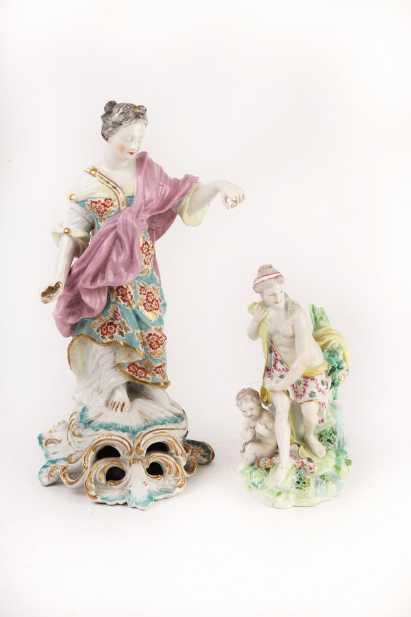 A Derby porcelain figure of Justice (losses), 32cm high and a Derby figure of Venus and Cupid,