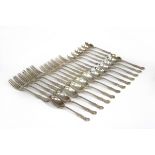 A matched canteen of Queen's pattern silver flatware, various dates and makers, comprising six