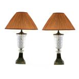 A pair of brass and cut-glass table lamps with pleated shades,